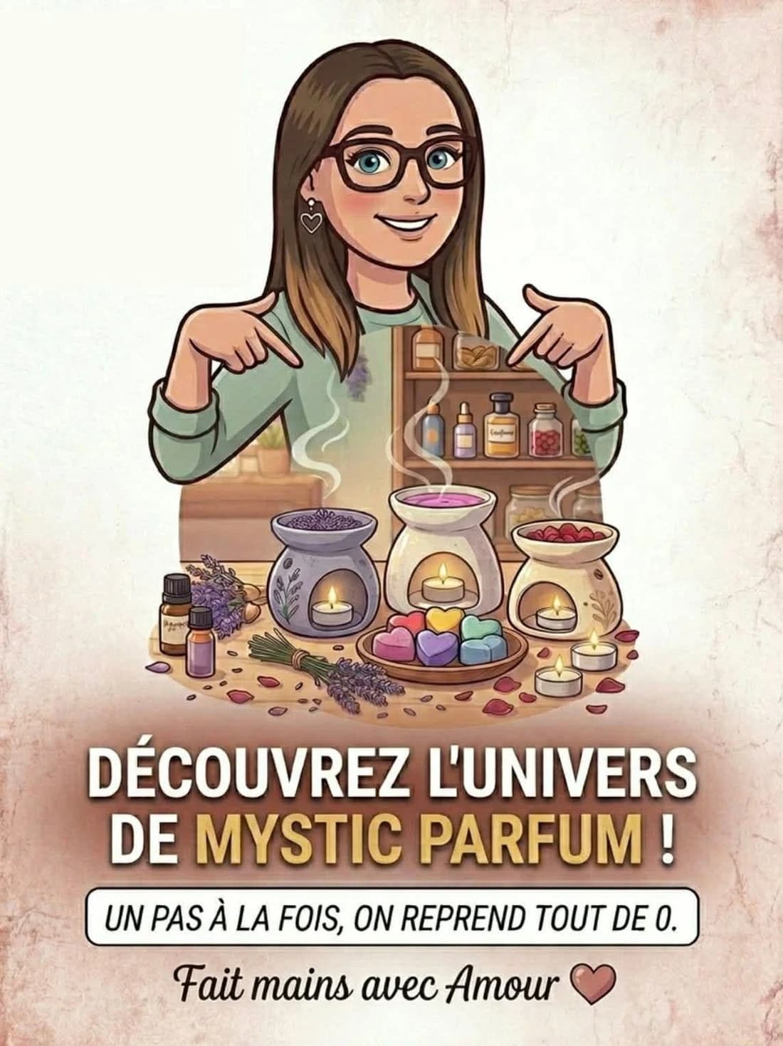 Mon univers illustré : des brûle-parfums, des fondants en forme de cœur et une ambiance chaleureuse.